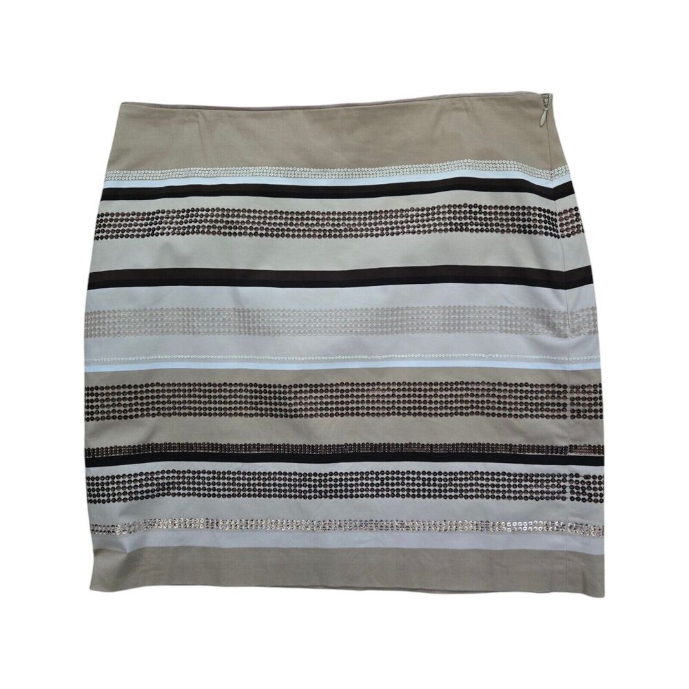 White House Black Market Tan & Ivory Striped Sequin Pencil Skirt. Lined. Size 14